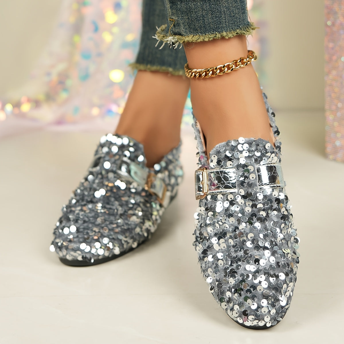 Women's sequin embellished Mary Jane flats with casual round toe slip-on design, all-season comfort, man-made upper & inner, rubber sole, fabric insole, perfect for carnival, Mardi Gras