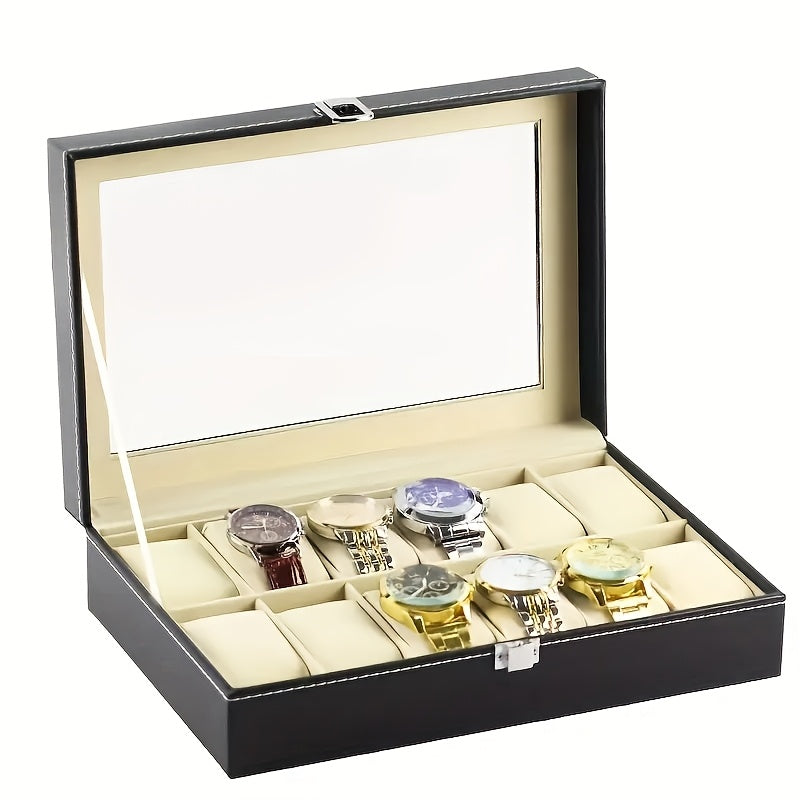 12-compartment faux leather watch box with glass lid, metal clasp, velvet lining, and flip-top closure. Black jewelry organizer for watches.