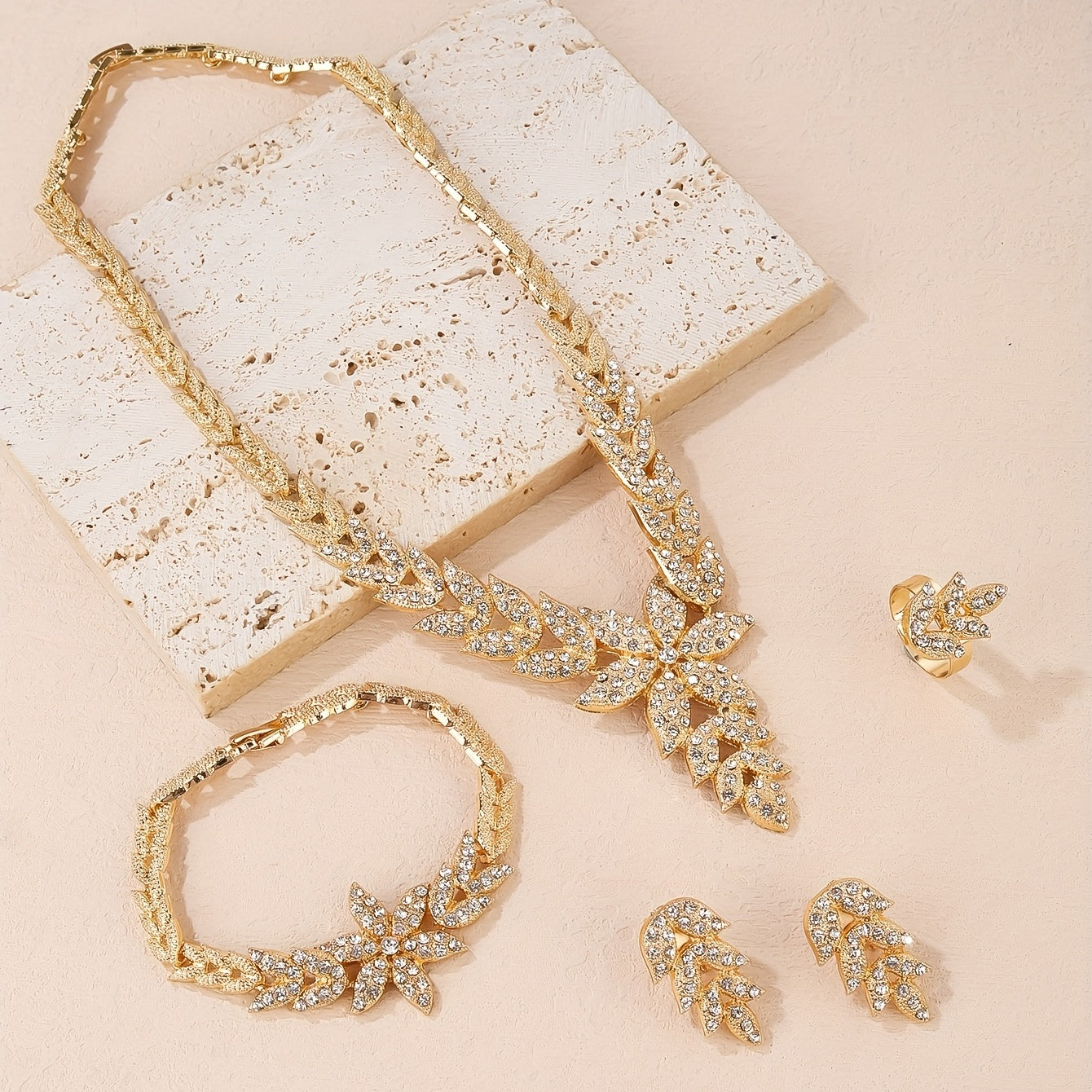 Beautiful Wedding Jewelry Set for Women: Gold Leaf Rhinestone Necklace, Ring, Earrings, and Bracelet - Perfect Gifts for Eid