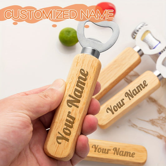 Personalized beer bottle opener with wooden handle, stainless steel, multifunctional and ideal for business or personalized gifts.