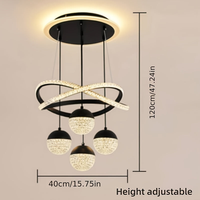 Contemporary LED chandelier with crystal embellishments and metal construction - perfect for dining rooms, living rooms, clothing stores, bars, and staircases. Includes installation hardware and features a simple, modern design. Ideal for apartments.