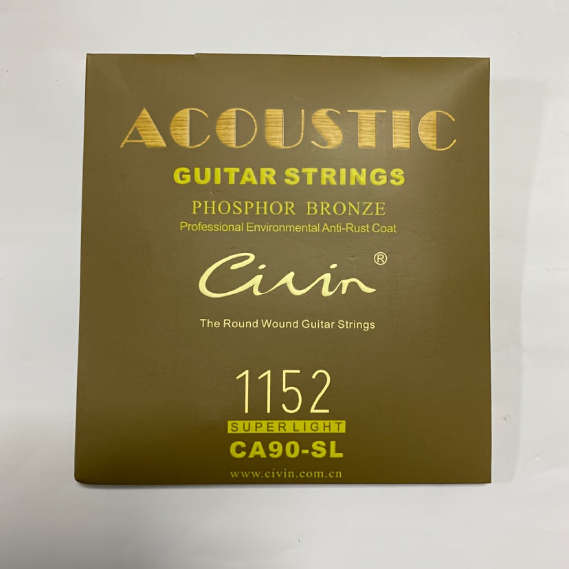 Acoustic folk guitar strings with carbon steel and phosphor copper coating, rust-resistant, high-quality packaging, 6 strings, bright sound, smooth feel, ideal for stage performance.