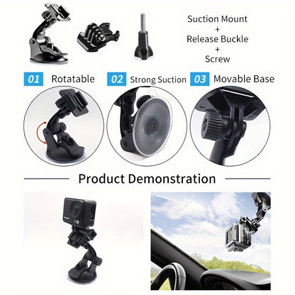 Camera accessory kit for various action cameras including GoPro, Insta360, DJI, AKASO, Sjcam, YI, Soocoo, EKEN, with stabilizer for outdoor photography.