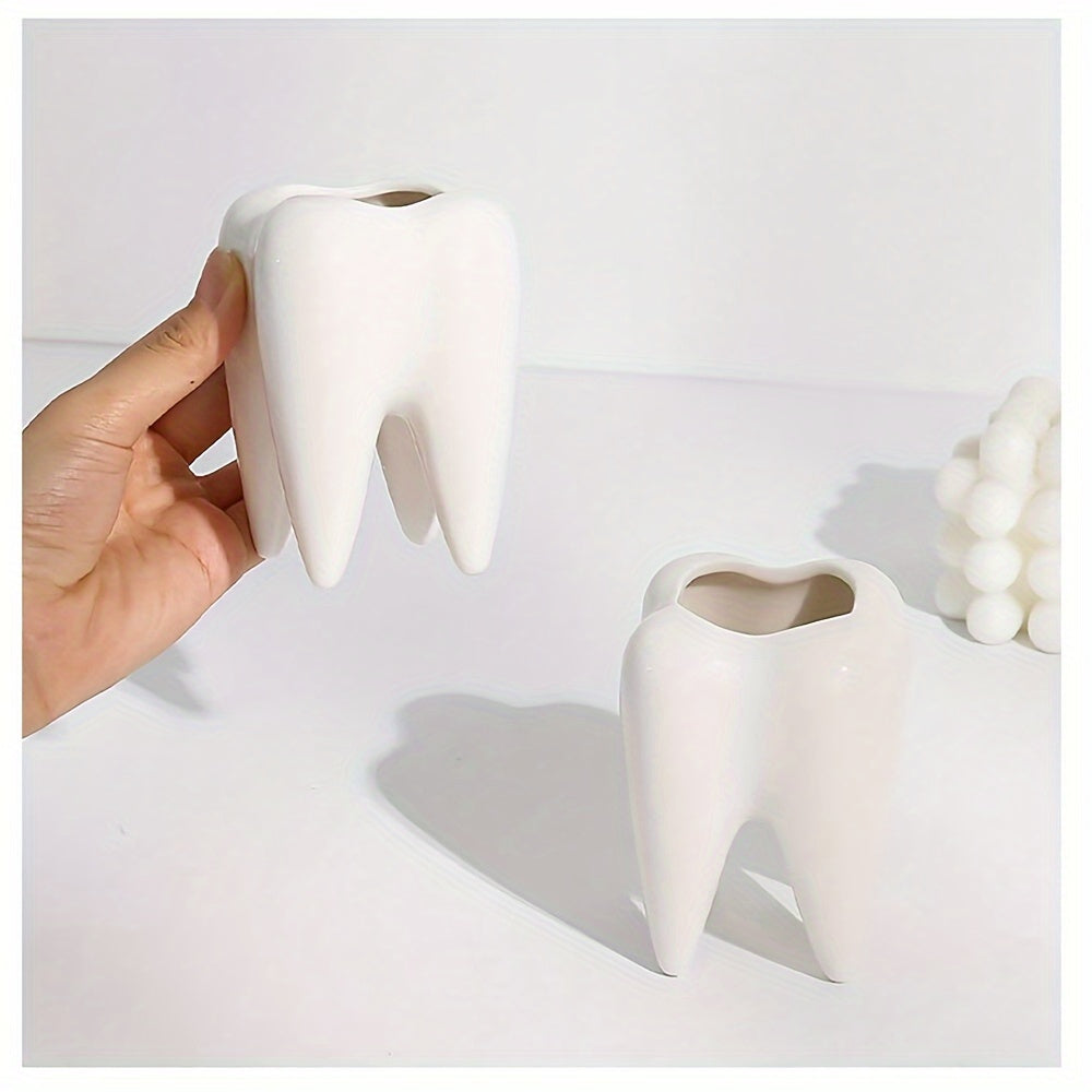 Ceramic tooth-shaped pen holder and succulent pot, rotates 360° for desk organization, ideal for home office and dentist gifts. Cute desk decor and plant holder, perfect for office desk.