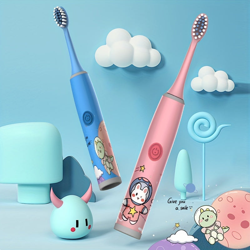 2 Electric Toothbrushes with 12 Brush Heads, Cartoon Space Series, Battery Powered for 3-13 year olds, Gentle Bristles, 2min Timer, Tooth Protection, Gift