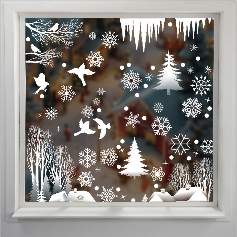 Set of 74 Christmas and New Year Window Clings featuring Snowflake and Woodland Cabin Designs for Festive Home Decor.