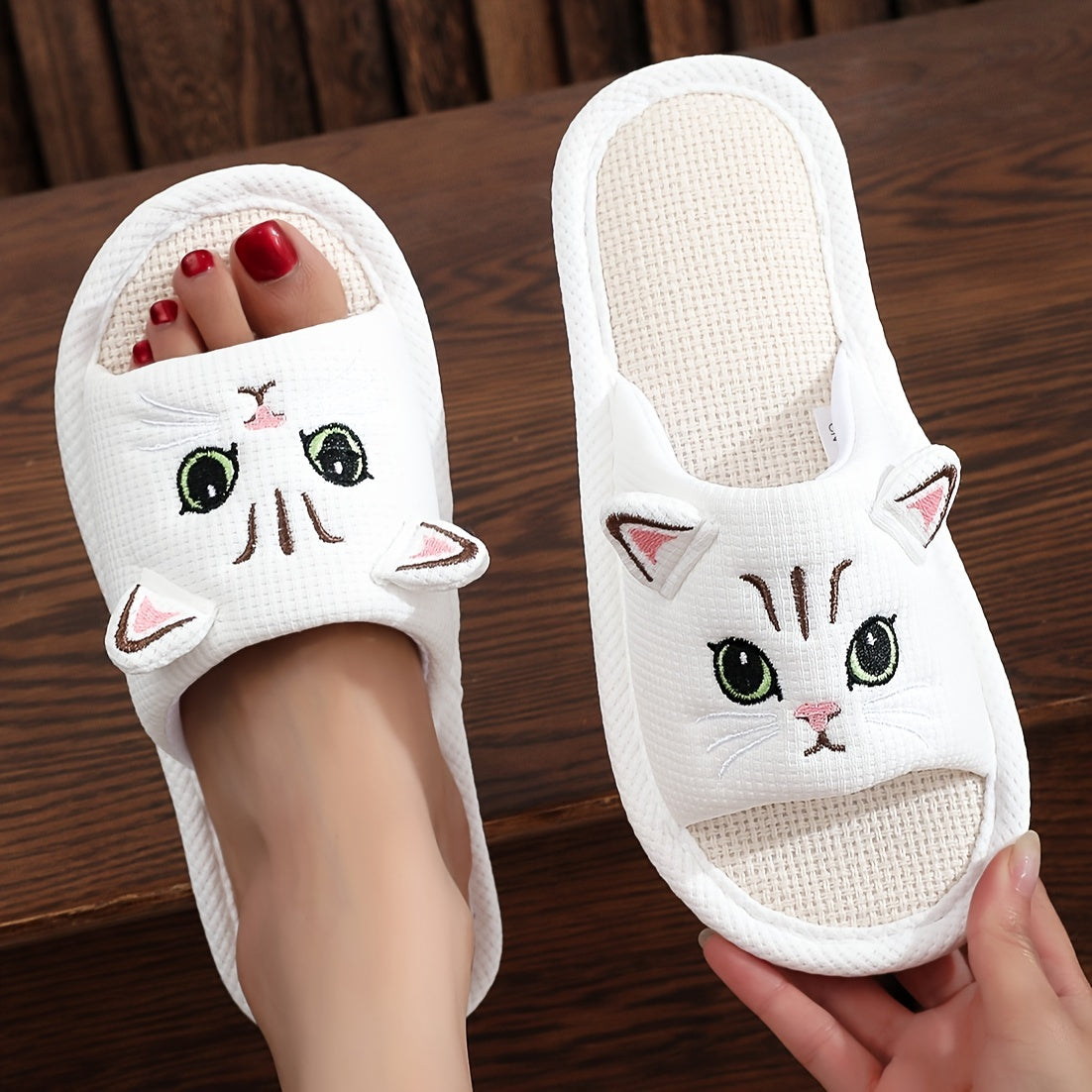 Cartoon home slippers with soft linen sole, lightweight and breathable.