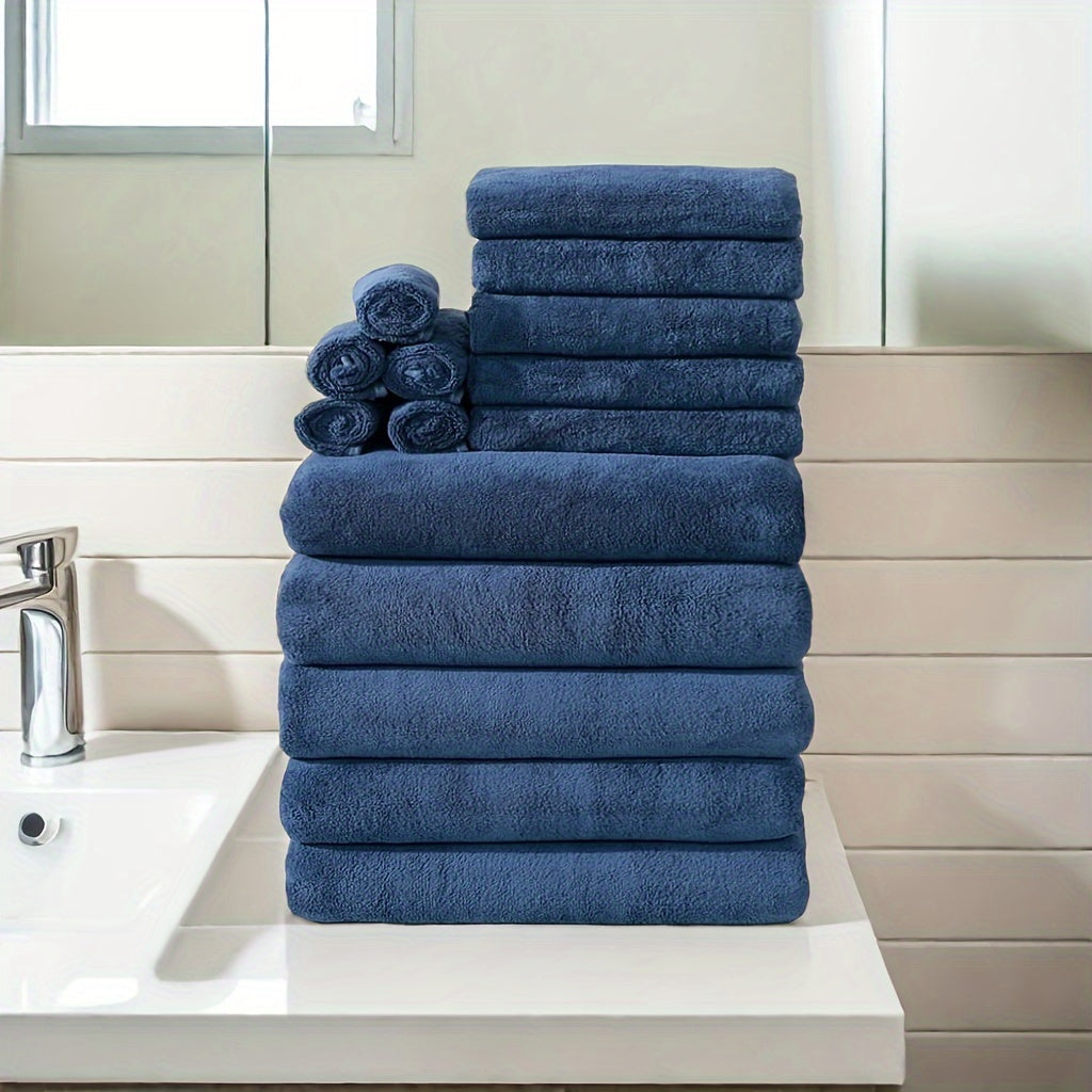 15-piece ultra-soft microfiber towel set in multiple colors, ideal for home and hotel showers.