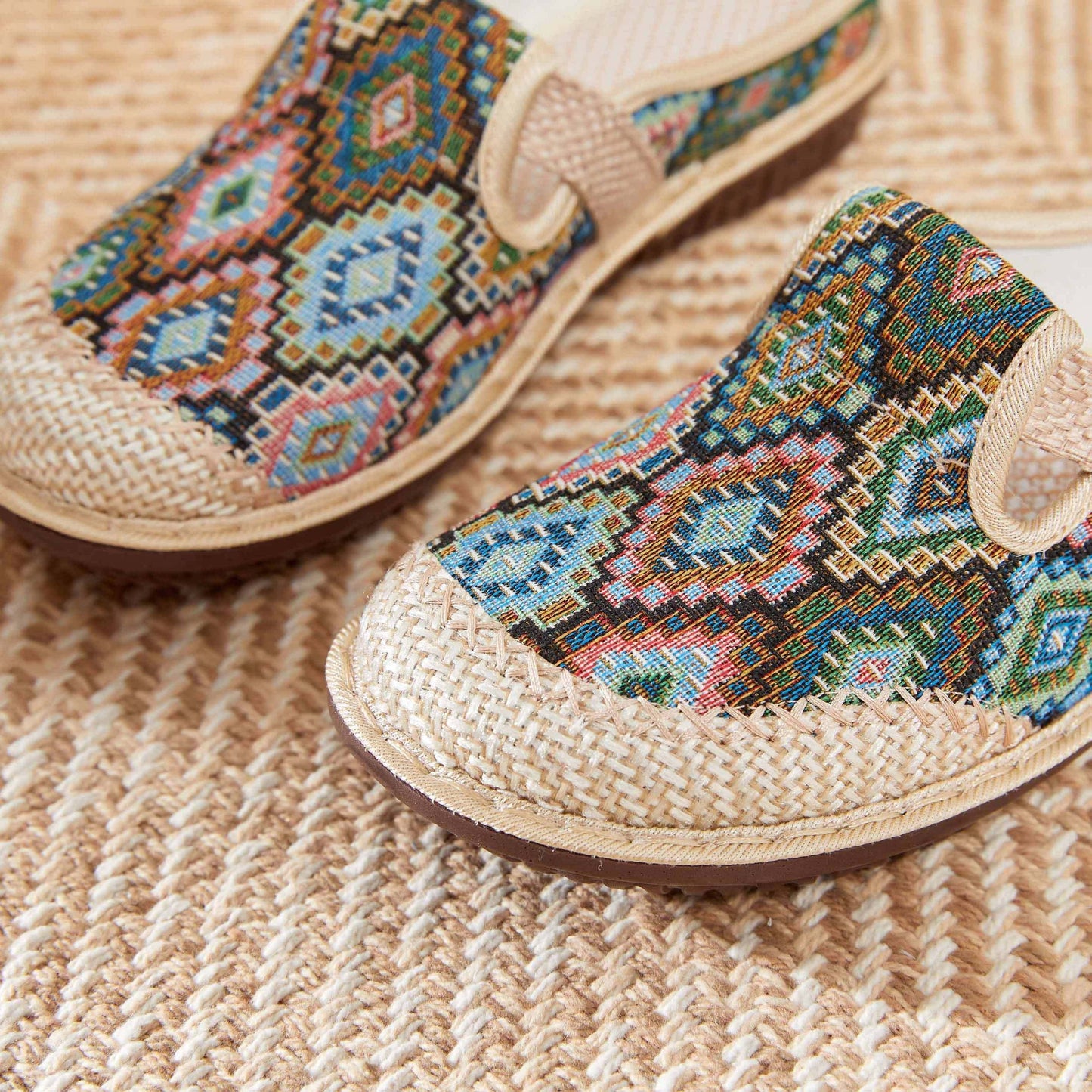 Colorful geometric print mules for women, comfortable for daily wear.