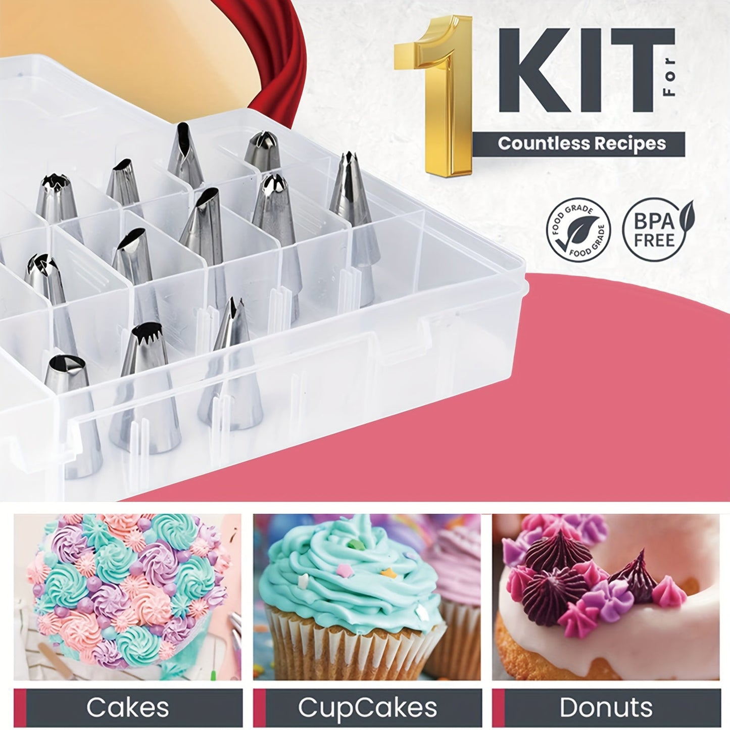 This Cake Decoration Baking Tool Set features 116 pieces, with a variety of piping tips, piping bags, cake scrapers, and more, all conveniently stored in a handy storage box. Ideal for creating beautifully decorated cream cakes, biscuits, cookies, bread