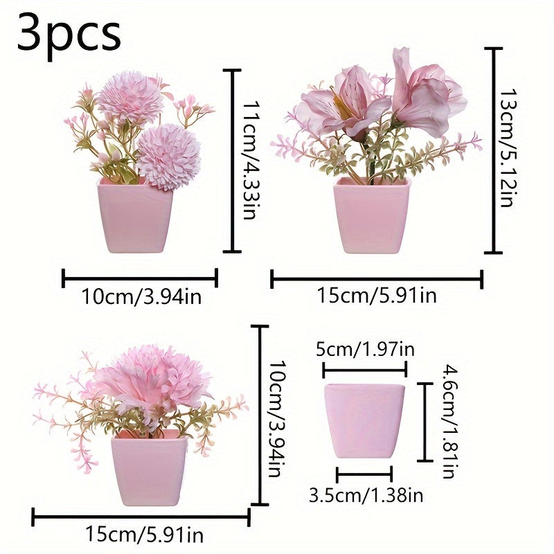 3-5 mini artificial potted pink flowers in plastic square pots, perfect for indoor décor on desks or bookshelves.