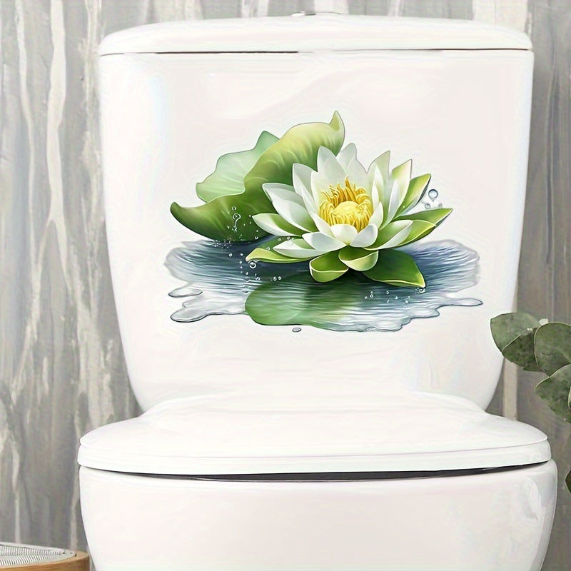 Elegant white lotus flower sticker - self-adhesive PVC decal for bathroom and home decor. Serene green and yellow floral design for walls, doors, fridges, and windows. Beautifies any room.