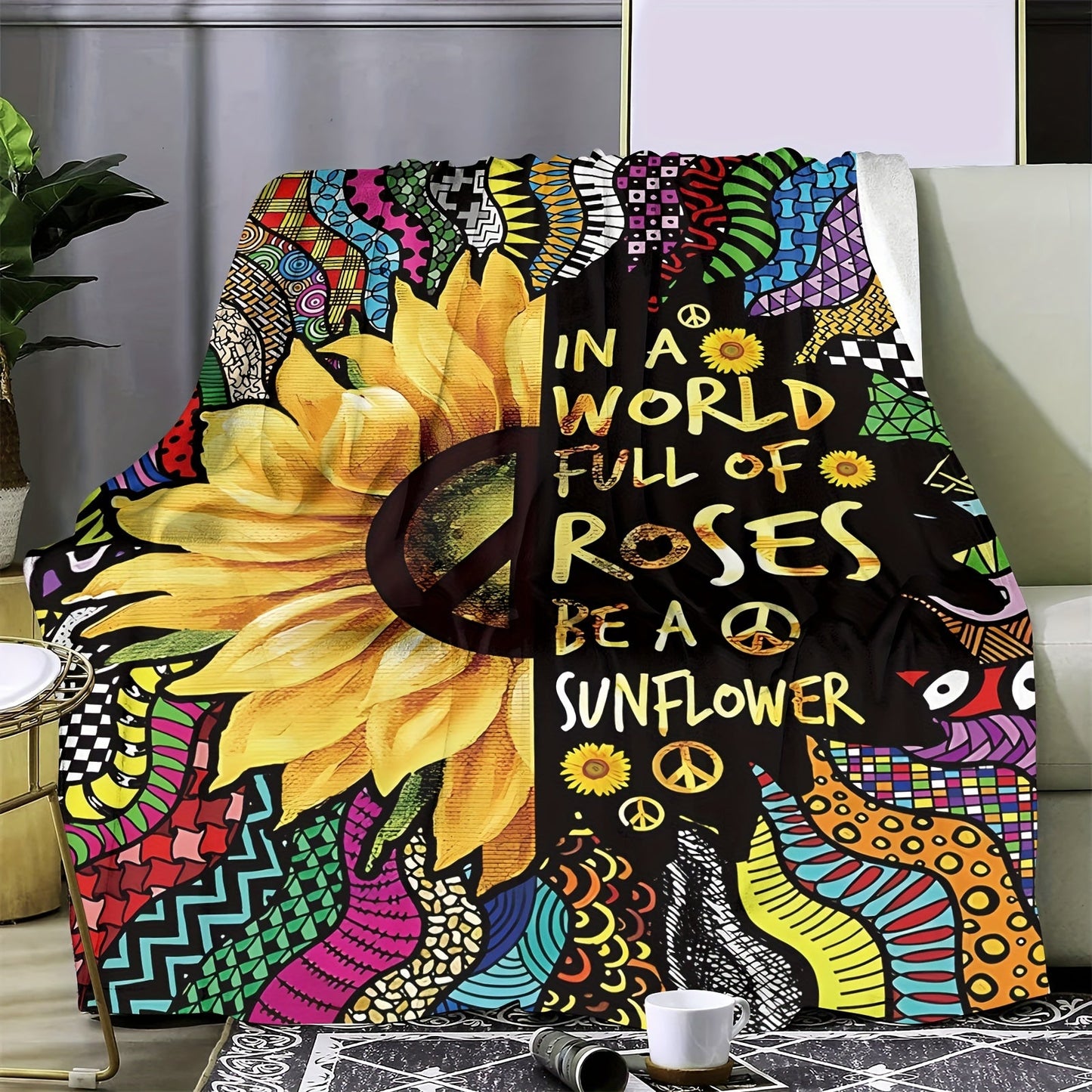 One piece of a modern style sunflower print flannel fleece throw blanket. This cozy and soft blanket is perfect for use on the sofa, at home, in the office, on the bed, camping, or while traveling. Suitable for all seasons, this multi-purpose blanket