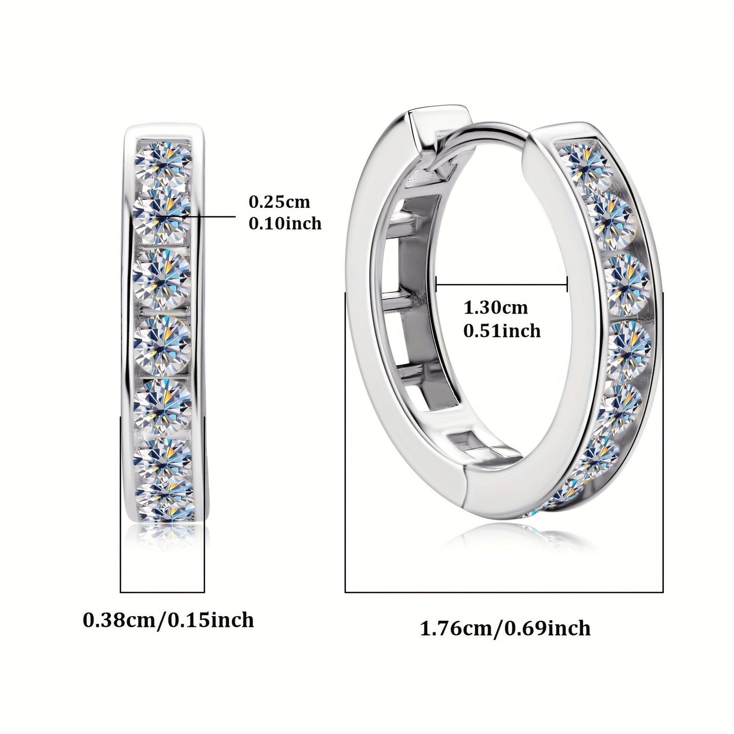 These stunning hoop earrings are crafted from 925 sterling silver and feature dazzling D color 2.5mm round moissanite stones in a track setting. The inner diameter of the earrings is 13mm, and they come with a GRA certificate. The total weight of the