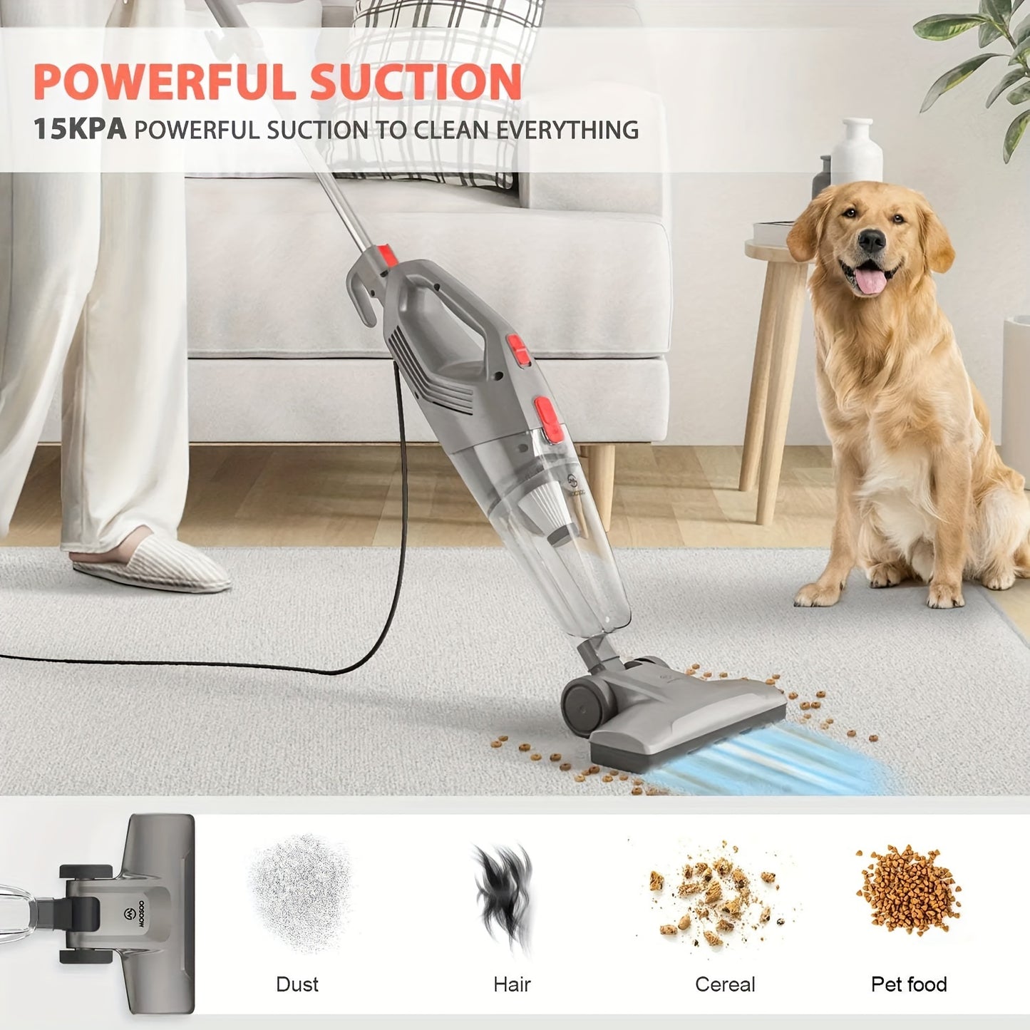 MOOSOO LT450 Stick Vacuum: Powerful suction for easy clean-up on hard floors and pet hair, lightweight and versatile.