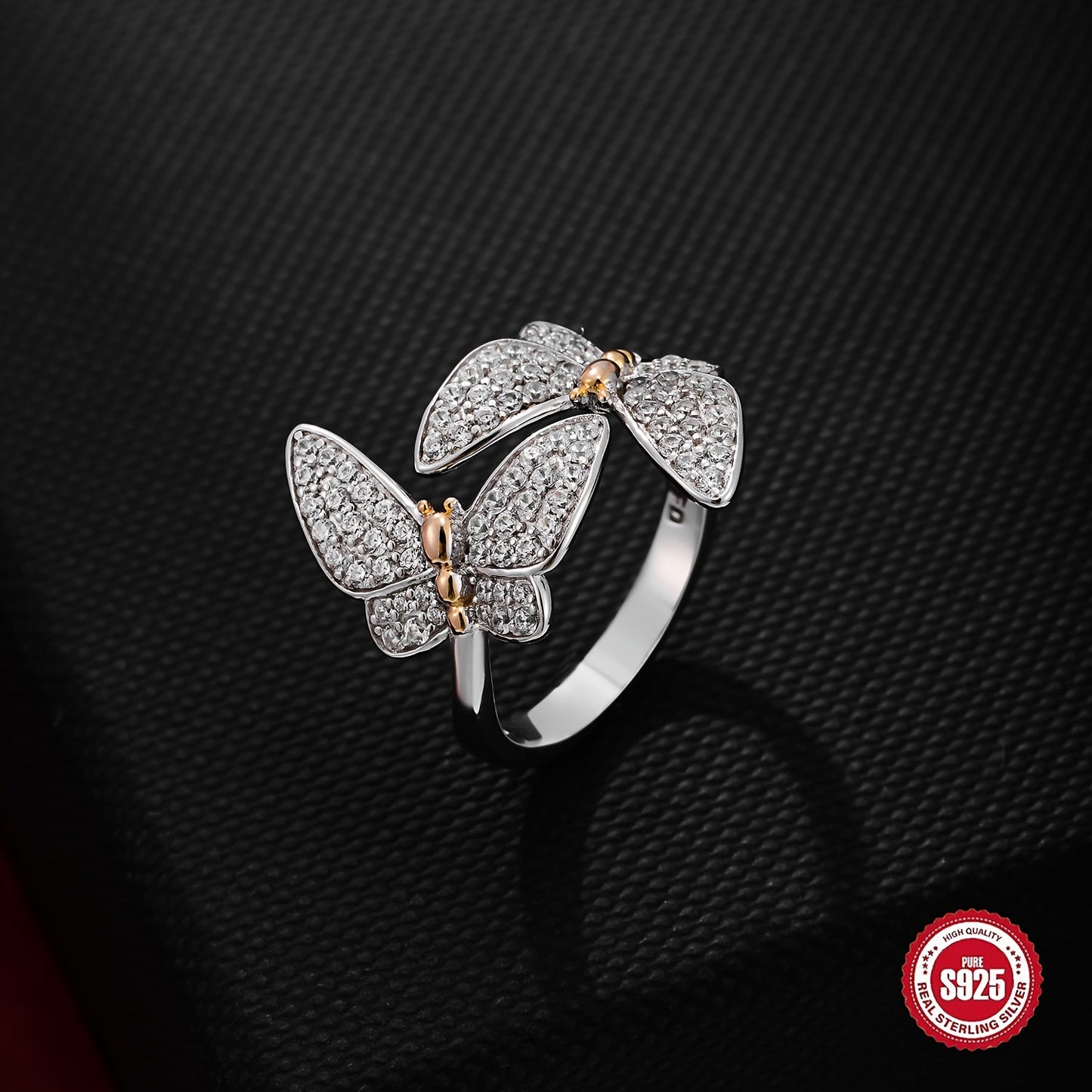 This elegant S925 silver double butterfly ring set with full zirconia is both stylish and delicate. It features an adjustable opening, making it a perfect gift for your girlfriend on Valentine's Day. It is also suitable for wearing with banquet outfits.