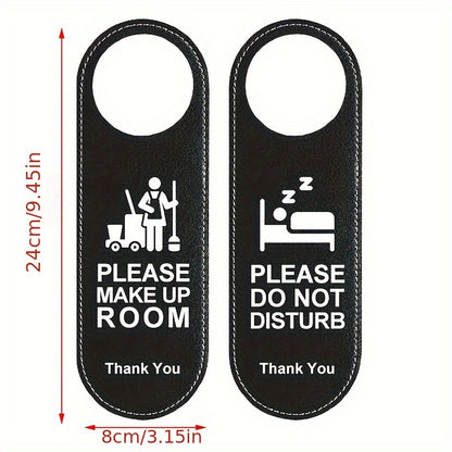 Classy leather door hangers for hotel guests: "Make Up Room" and "Do Not Disturb" signs.