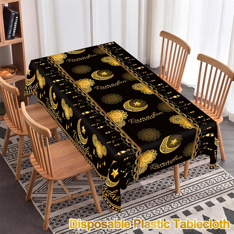 Ramadan-themed disposable plastic tablecloth with black and golden moon, lantern, and star design, sized 130x220cm. Perfect for Eid Al-Fitr & Eid Al-Adha celebrations.