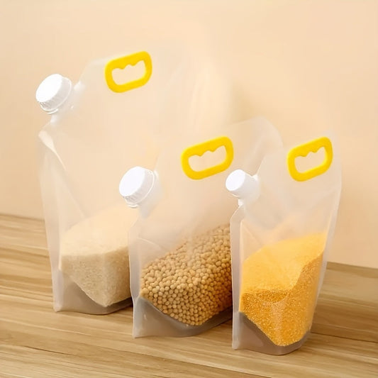 Five reusable food storage bags with vacuum seal, moisture-proof technology, perfect for keeping grains, flour, and beans fresh. Made from BPA-free plastic, these bags are hand washable and a great kitchen organizer.