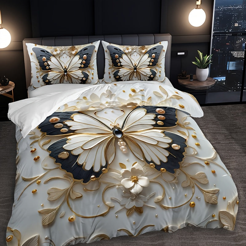 Butterfly floral duvet cover set with animal print, insect theme, and breathable polyester. Includes 1 duvet cover and 2 pillowcases. All-season and machine washable. Digital print