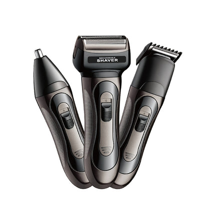 USB rechargeable electric shaver, nose hair trimmer, and hair clipper in one grooming kit. Includes 600mAh nickel battery and hypoallergenic precision blades. Made of durable ABS plastic.