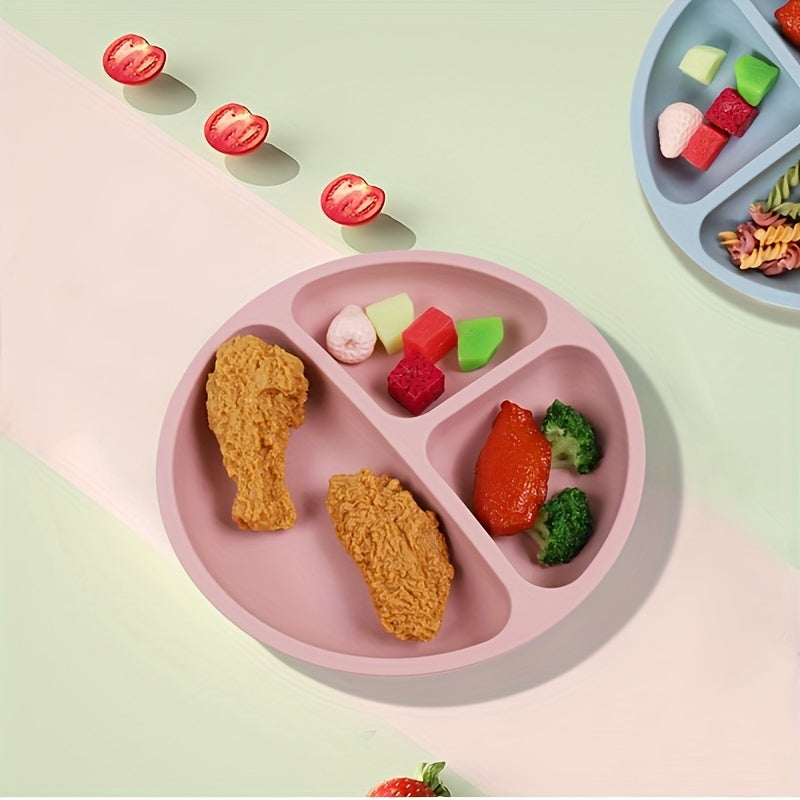 This dinner plate divider in a silicone suction cup format helps children learn to eat independently. It is suitable for use in the microwave, dishwasher, and oven, making it convenient for parents. By using this food supplement tableware, children can