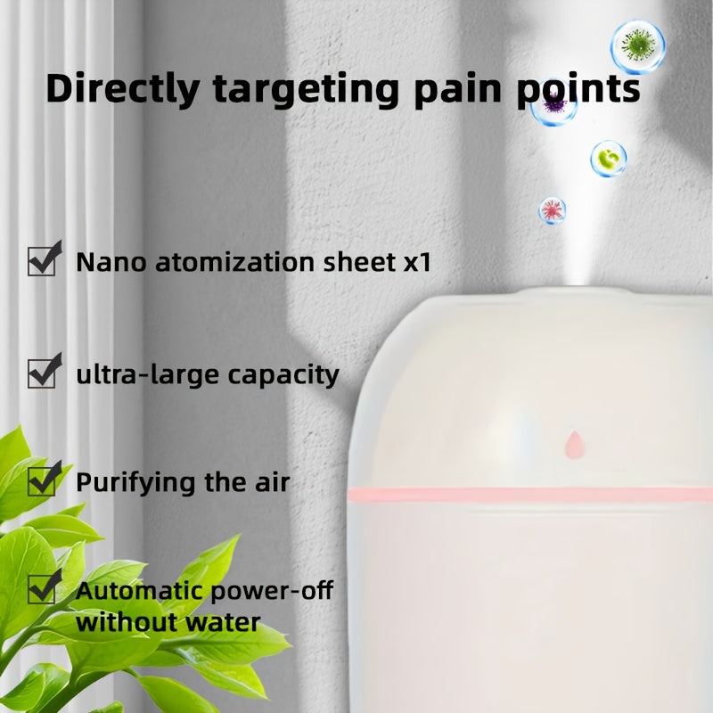 Large silent humidifier with night light, aroma diffuser, USB powered, long-lasting mist spray, auto shutdown, great for home, bedroom, car, plant purification, air humidification.