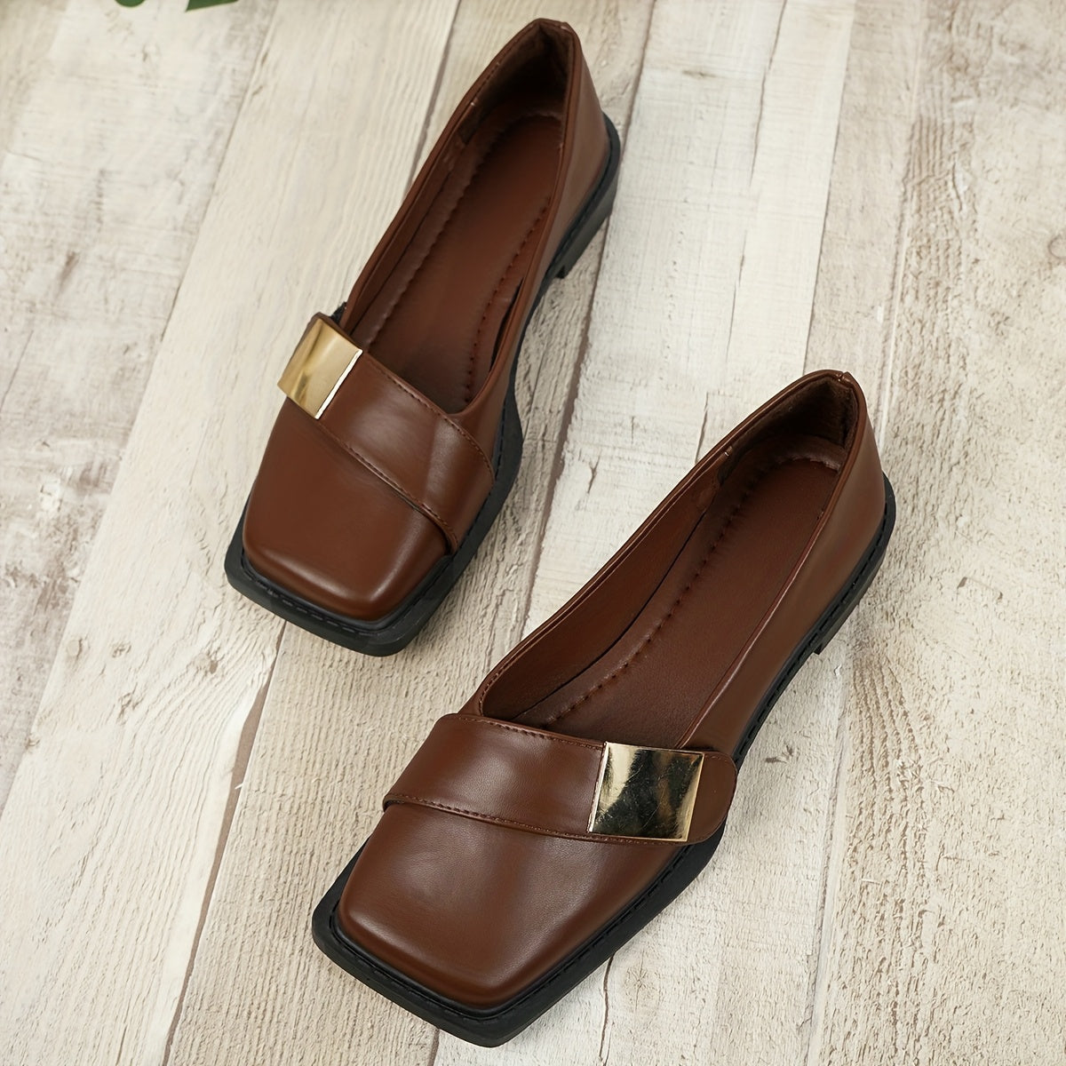 Elegant slip-on flats for women with square toe, large buckle, versatile for jeans, skirts, and commuting, faux leather