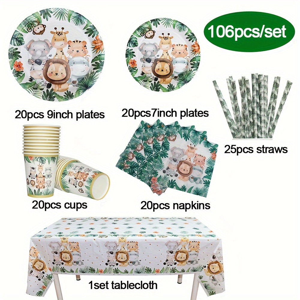 Set of 106 pieces, featuring a Jungle Animal Theme Tableware Set including plates, cups, tissue straws, and a tablecloth for Birthday Party Decoration.