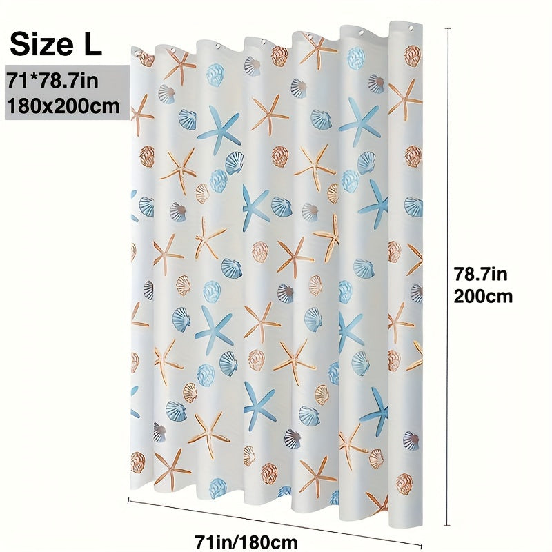 Durable plastic shower curtain liner with starfish shells design, waterproof, transparent, 180.34cm W x 180.34cm H, perfect for ocean-themed bathrooms.