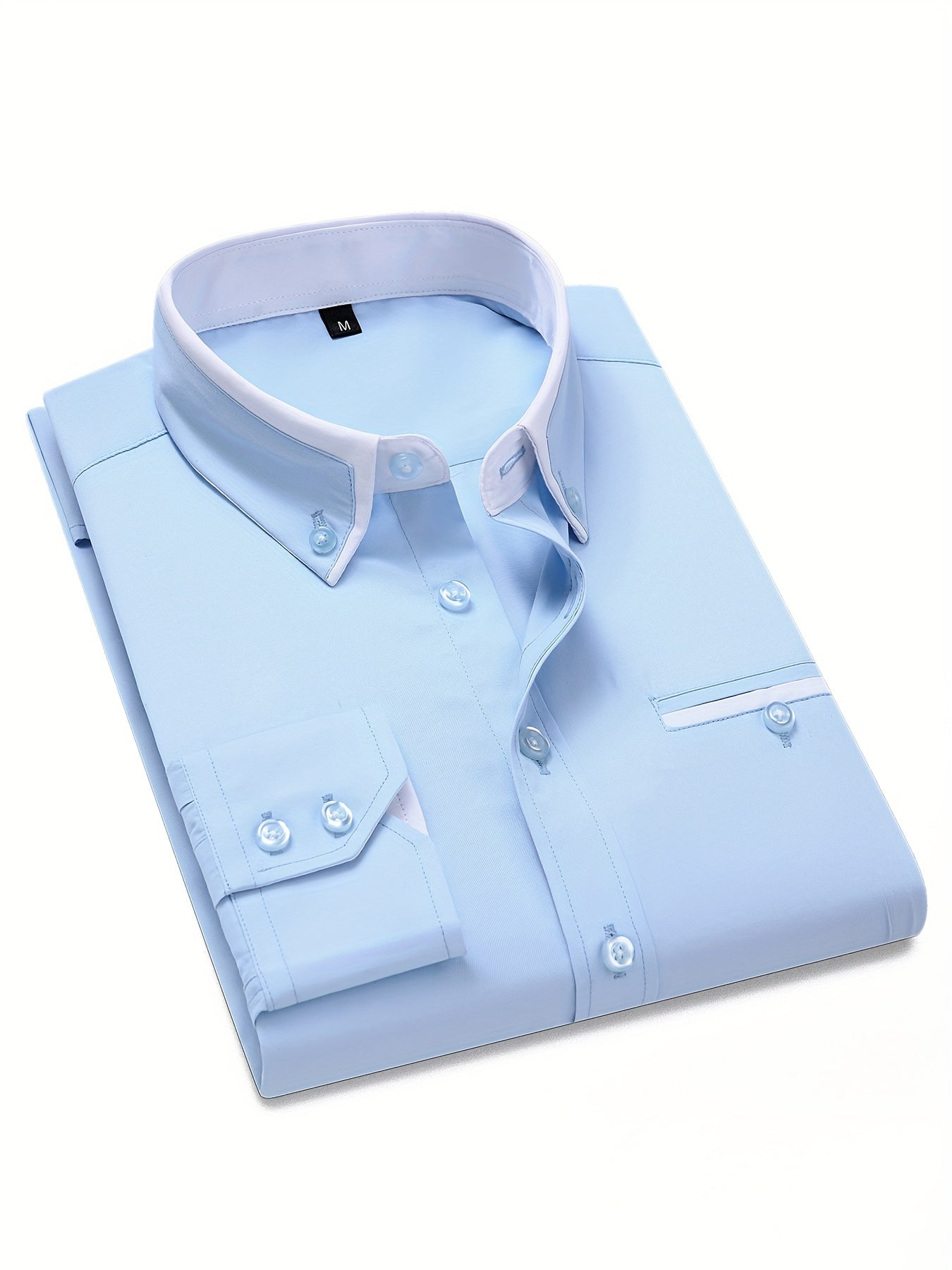 Long sleeve men's dress shirts with contrast lapel collar design, suitable for formal occasions.