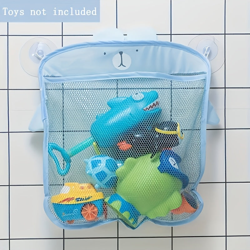 Cartoon animal design mesh bath toy organizer with wall-mount for easy toy organization in the bathroom.