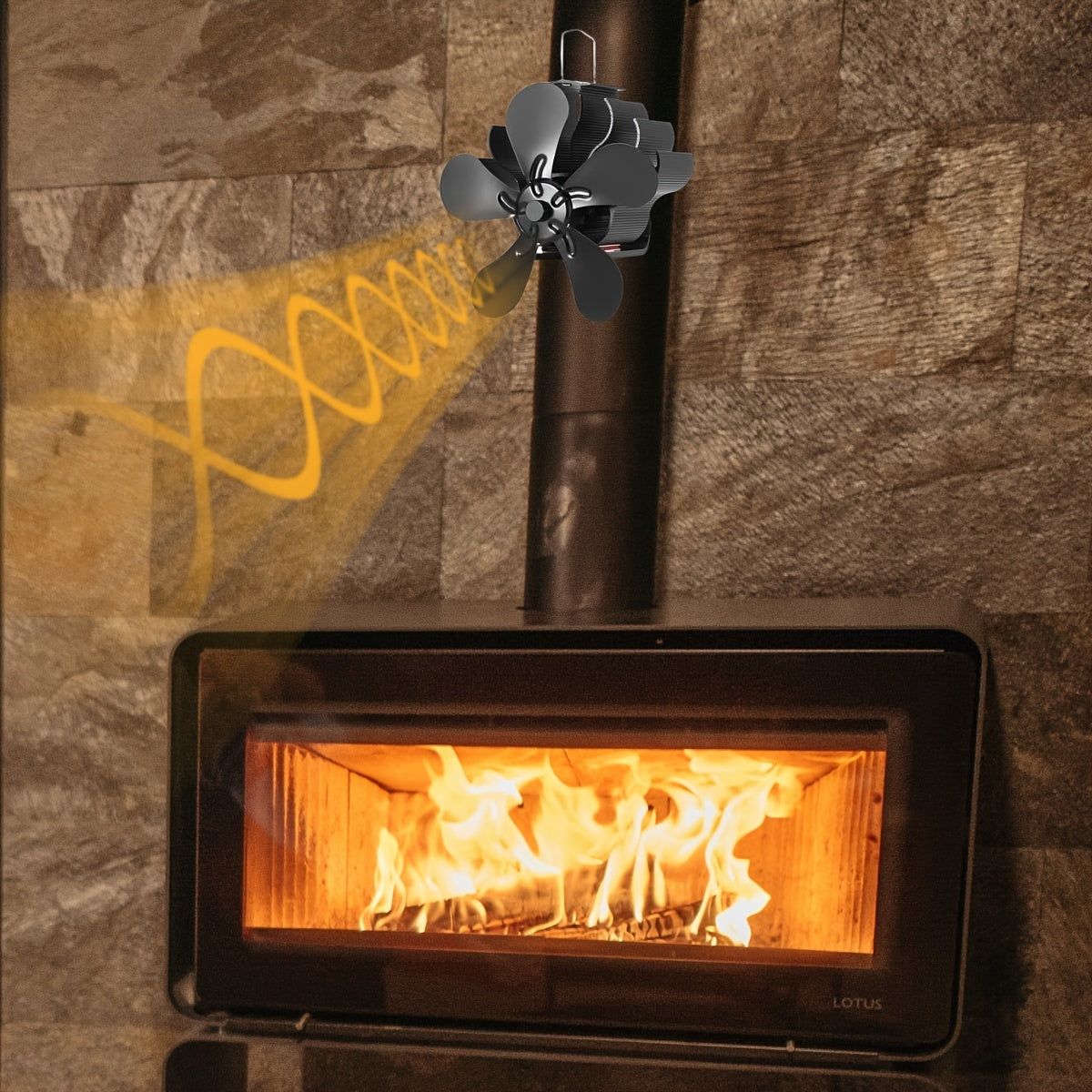 Aluminum Heat Powered Stove Fan suitable for Wood, Gas, and Pellet Log Burners, offering Silent Operation. Features a Polished Finish, High Velocity Air Circulation, and does not require electricity. Ideal fireplace accessory with multiple components.