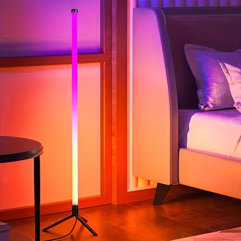 Smart LED floor lamp with app control, RGB music atmosphere, wireless, USB powered, multi-color standing lamp for various rooms and events. Not waterproof, no battery, with USB port.