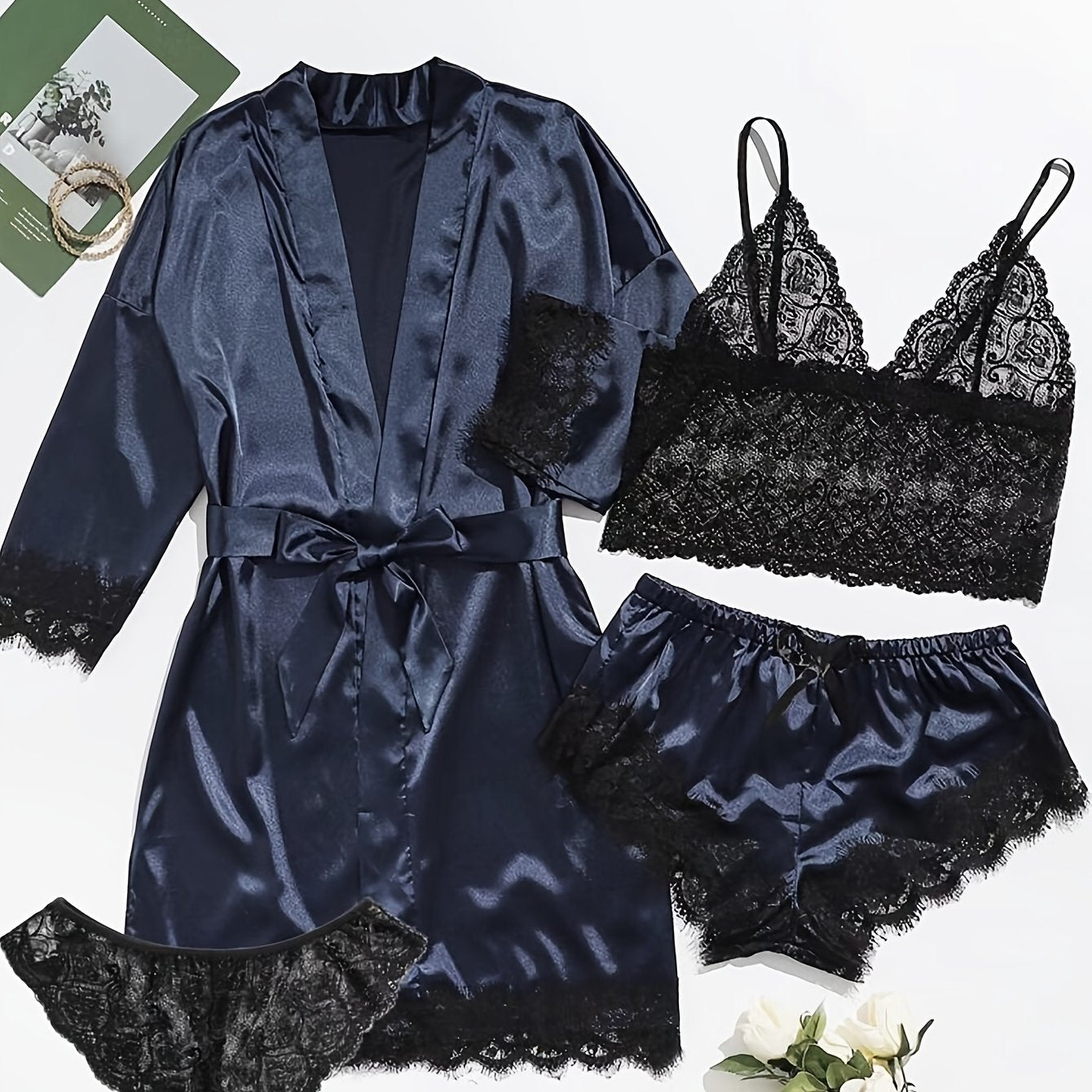 Satin lace lounge set with robe, cami top, and bottoms for women, featuring a sexy and comfortable design.