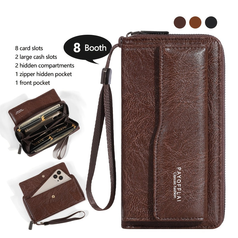 Brown retro wallet with zipper closure, dual layer design, card slots, hidden compartment, and photo pocket. Ideal gift for anyone.