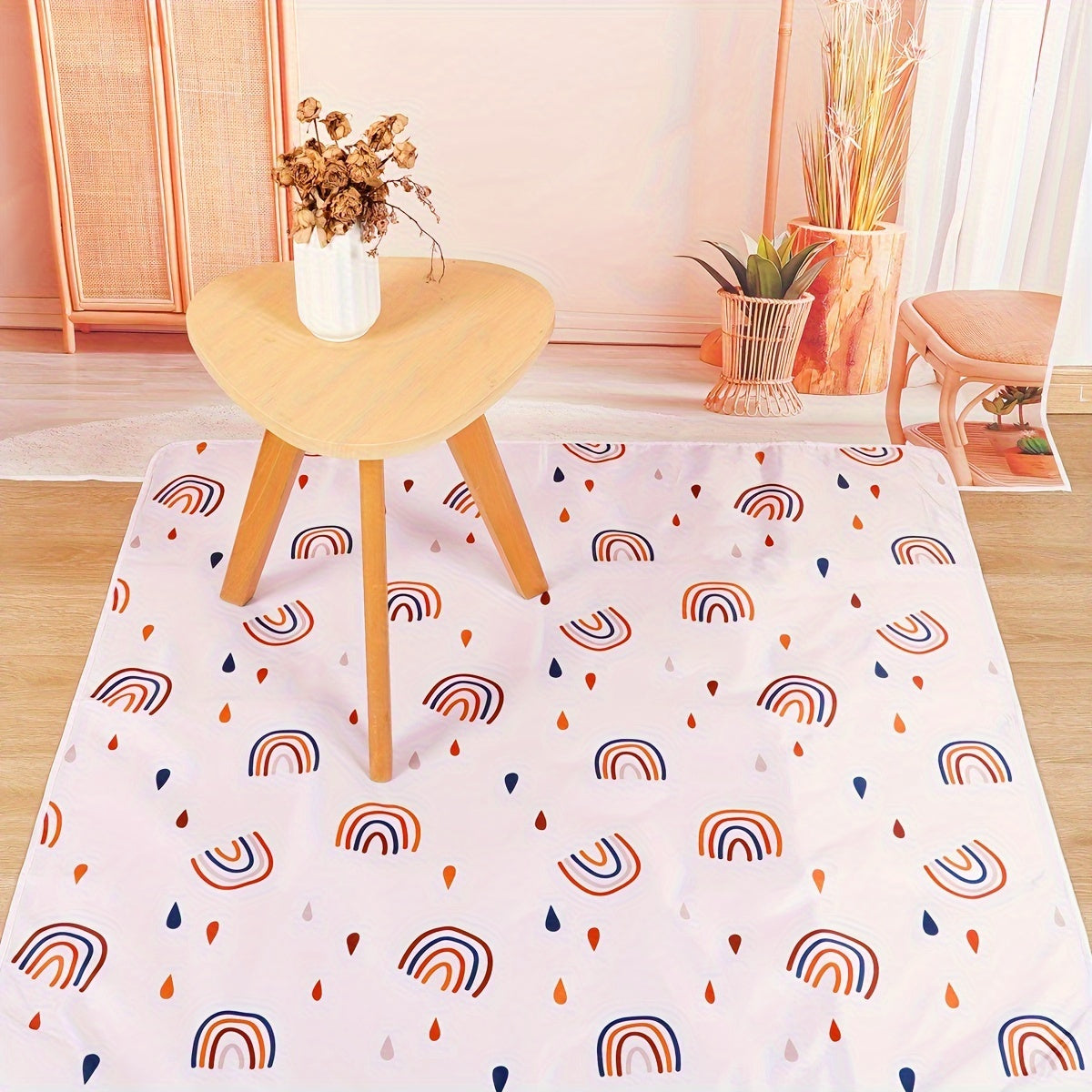 The Happyflute Waterproof Splat Mat is a versatile accessory designed to protect floors from spills and messes. This indoor high chair floor protector is washable, anti-slip, and portable. Measuring 43''X43'' (110X110cm), it can also be used as an