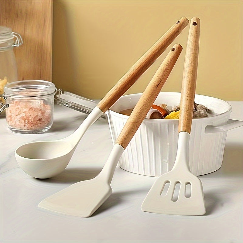 Set of 3 Silicone Kitchen Utensils - Includes Non-Stick, Heat-Resistant Spatulas and Spoons with Wooden Handles for Cooking and Baking