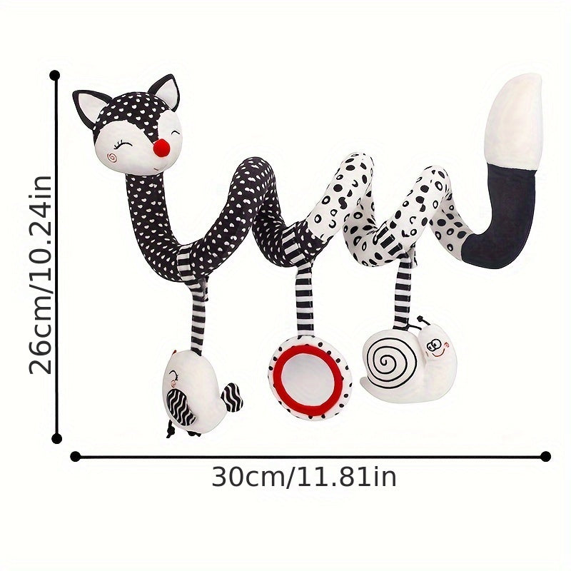 Spiral Pendant featuring a Black and White Cartoon Fox, perfect for attaching to a stroller. Also doubles as a soothing plush toy for baby, making it a great Easter gift idea.