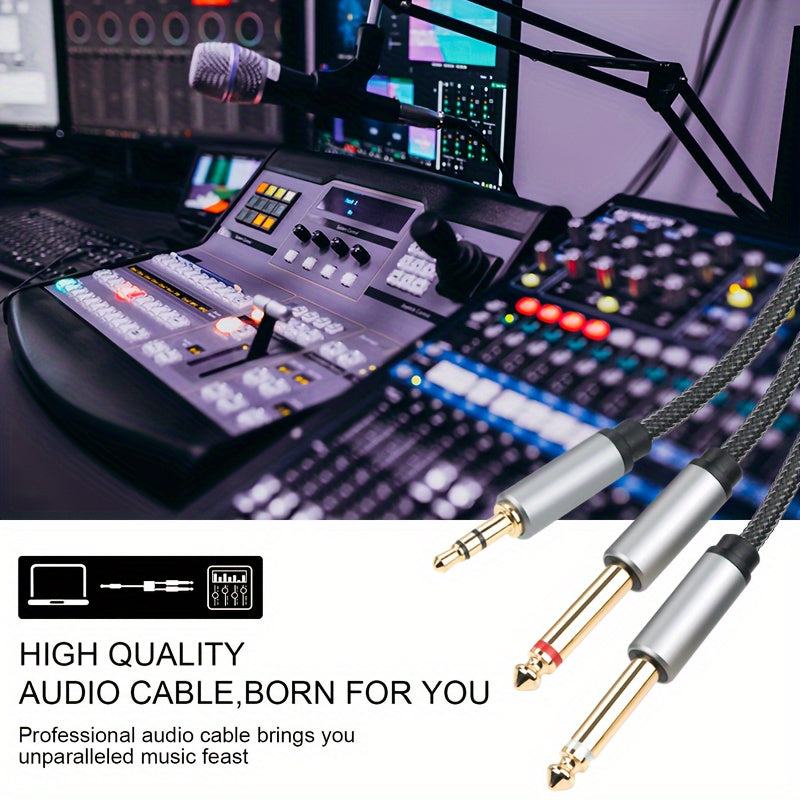 3.5mm to 6.35mm 2-in-1 audio cable with nylon mesh aluminum alloy construction. High-fidelity sound quality for PC, phone, tablet, and MP3 with 3.5mm jack; speaker, guitar, microphone