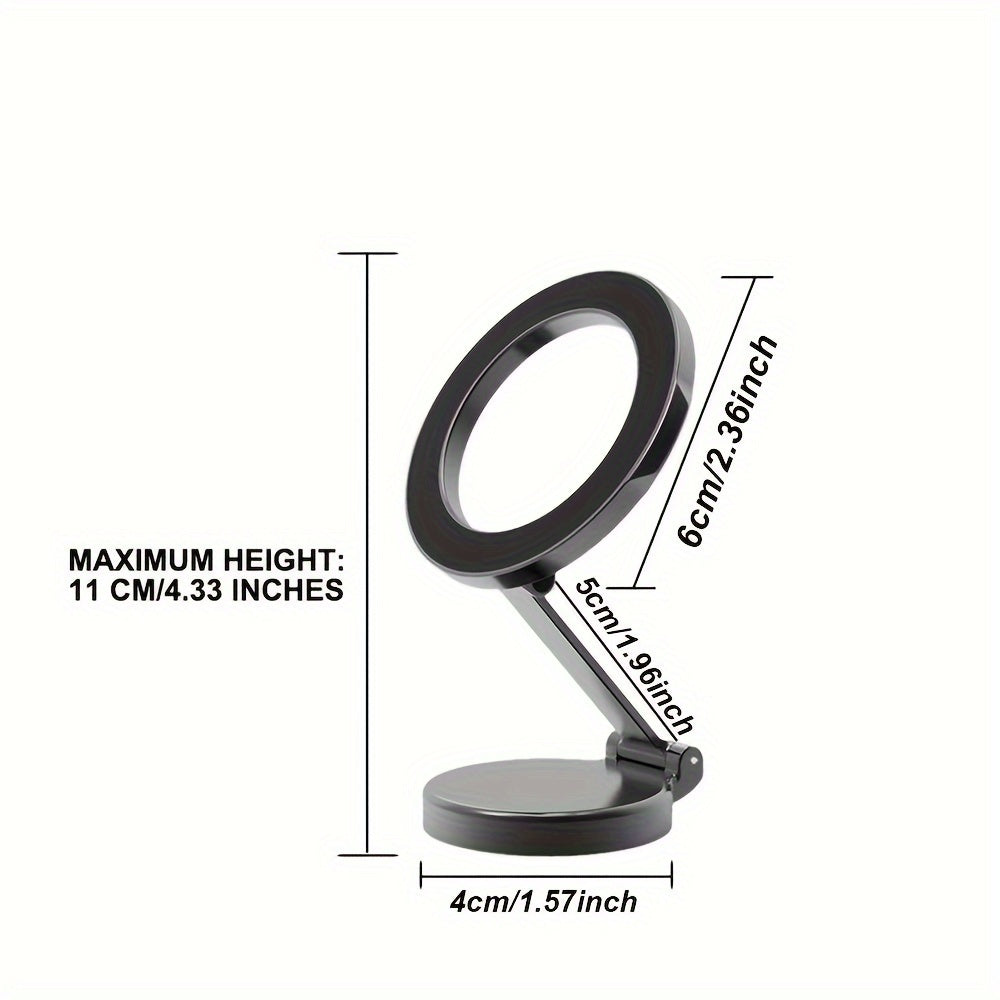 Metal high-strength magnetic mobile phone holder for car, foldable and 360-degree rotatable on dashboard for navigation.