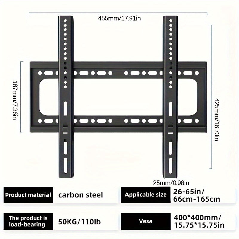 Securely mount your 26-65 inch TV screen with this fixed TV wall mount bracket. Made of durable metal, this bracket is designed to support screens with a VESA mount size of 400x400mm. With a load-bearing capacity of 50Kg/110lb, it is perfect for home or