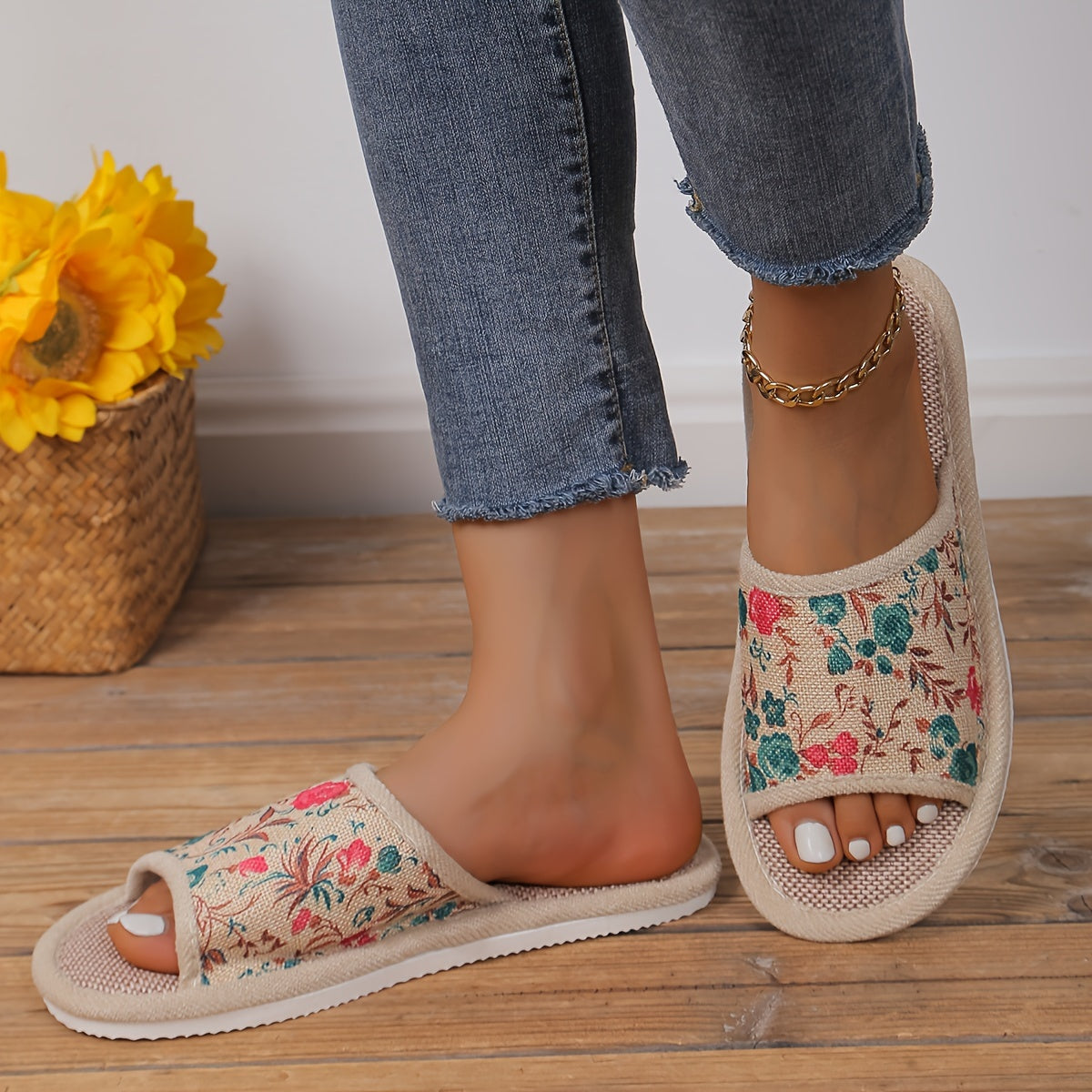 Women's Floral Pattern Linen Slippers - Breathable, Soft, and Comfy Indoor Shoes