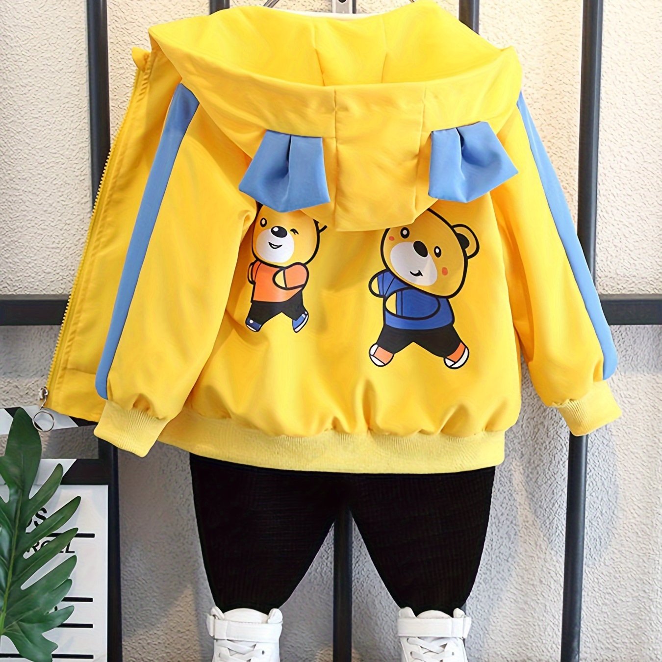 Boys' Lightweight Hooded Jacket with Bear Cartoon Print - Yellow with Blue Trim and Bow Details - Ideal for Spring and Fall, Kids' Outerwear | Vibrant Youngsters' Fashion | Easy Zipper, Boy