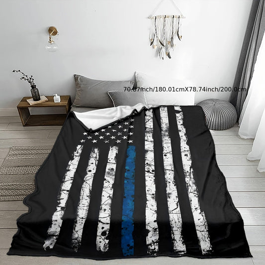 One Thin Blue Line American Flag Flannel Print Throw Blanket, Suitable for All Seasons, Easy to Clean in Washing Machine, Modern Design, Versatile Use, Made of Soft Fabric, Weighing 200-250g, Ideal for Bedroom, Living Room, or Sofa, Great Gift Option.