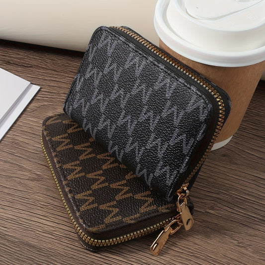 Compact and stylish synthetic leather credit card holder with zipper in brown and black herringbone pattern. Includes golden zippers, ideal for keys and cash. Lightweight and portable