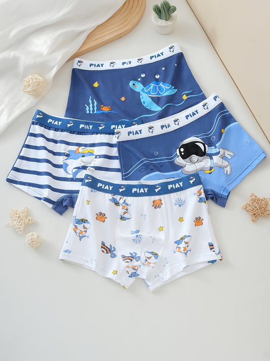 Boys' 4-pack boxer briefs with underwater world theme, snug fit, soft & breathable fabric