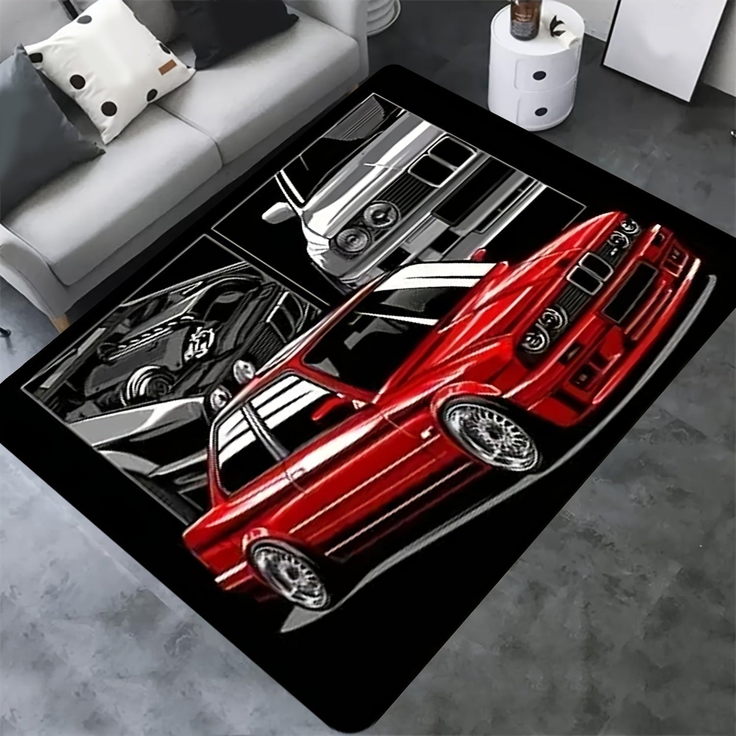 Add a touch of speed to your living room with the 1pc Racing Car Pattern Area Rug. This comfortable and non-slip rug is perfect for the bedroom and can be machine washed for easy maintenance. Use it as a fashion floor mat or doormat to enhance your home