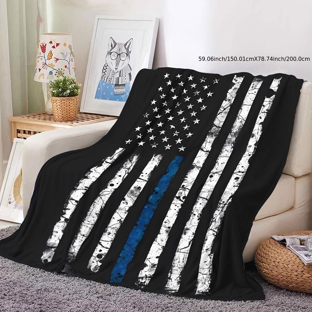 One Thin Blue Line American Flag Flannel Print Throw Blanket, Suitable for All Seasons, Easy to Clean in Washing Machine, Modern Design, Versatile Use, Made of Soft Fabric, Weighing 200-250g, Ideal for Bedroom, Living Room, or Sofa, Great Gift Option.