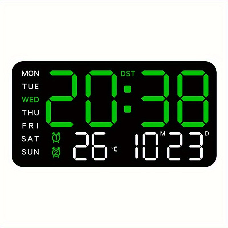 Voice controlled LED wall clock with dual alarms, USB powered, temperature display, adjustable brightness, and sleek black design for home and office.